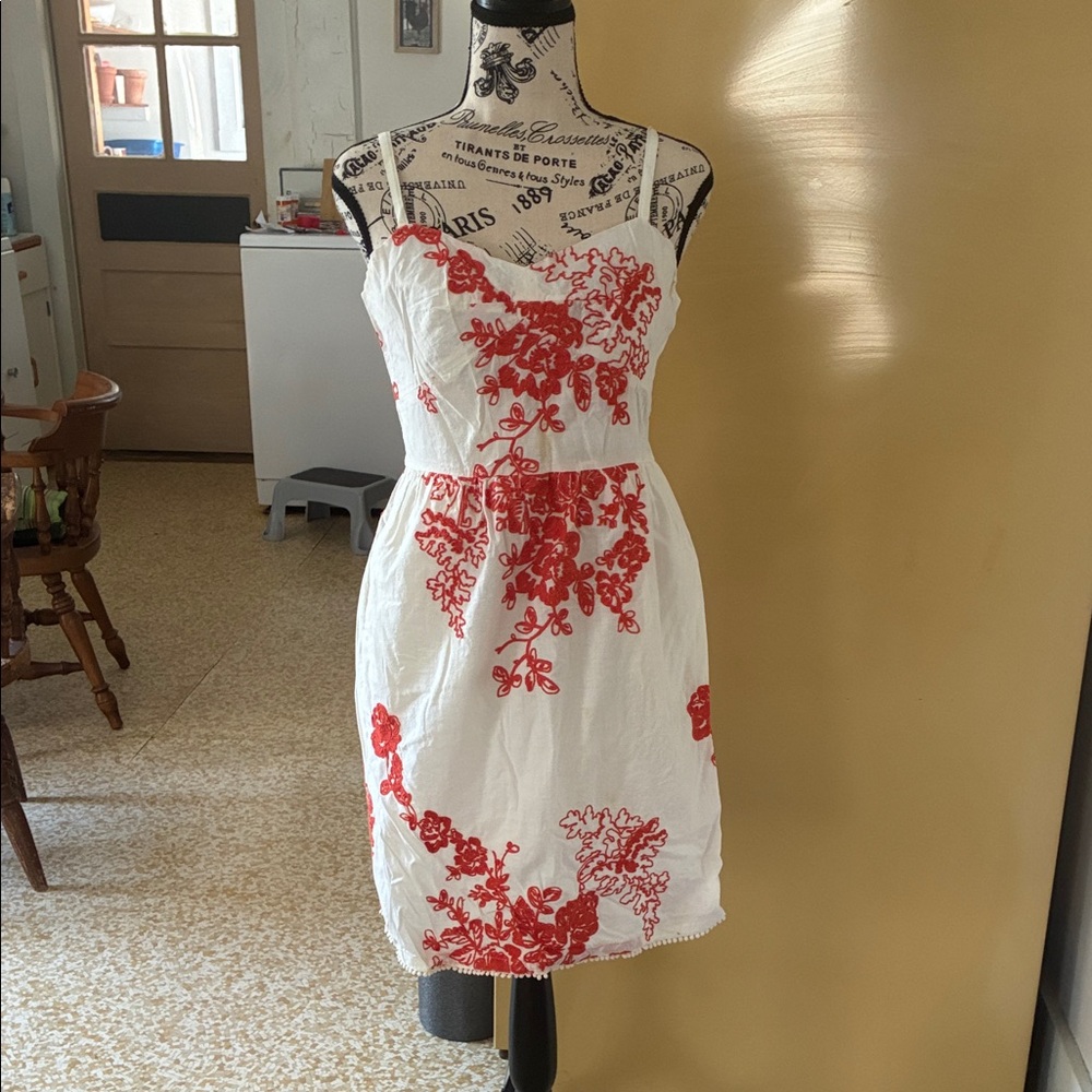 J. Crew White Mini Dress with Red Floral Embroidery
